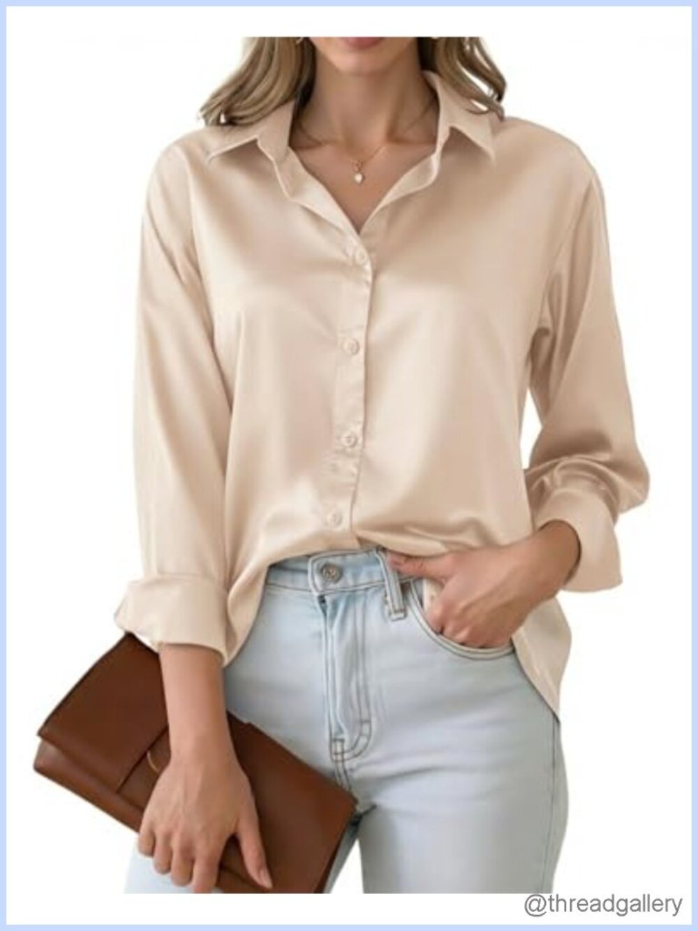 Satin Silk Button Down Shirt Long Sleeve Office Work Blouse